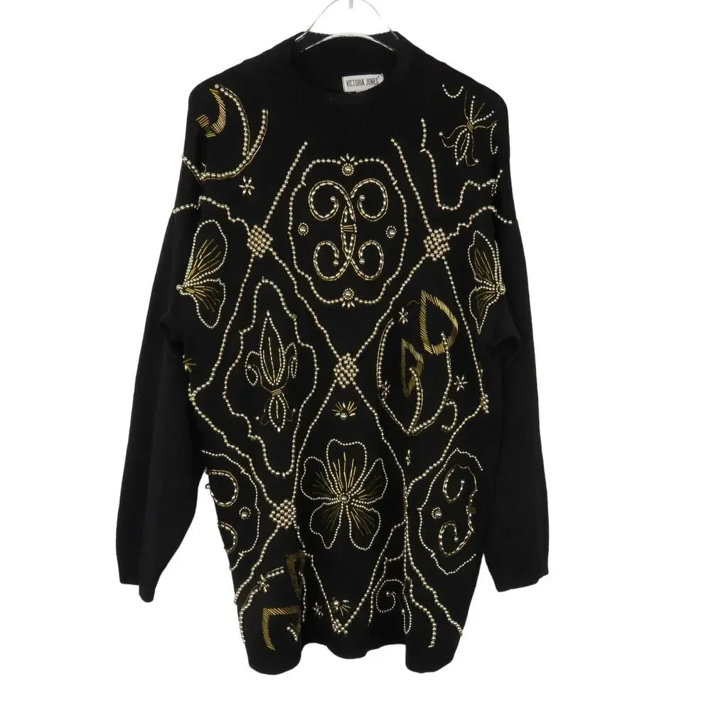 Victoria Jones 1980s Vintage Black & Gold Beaded Embroidered Sweater Large